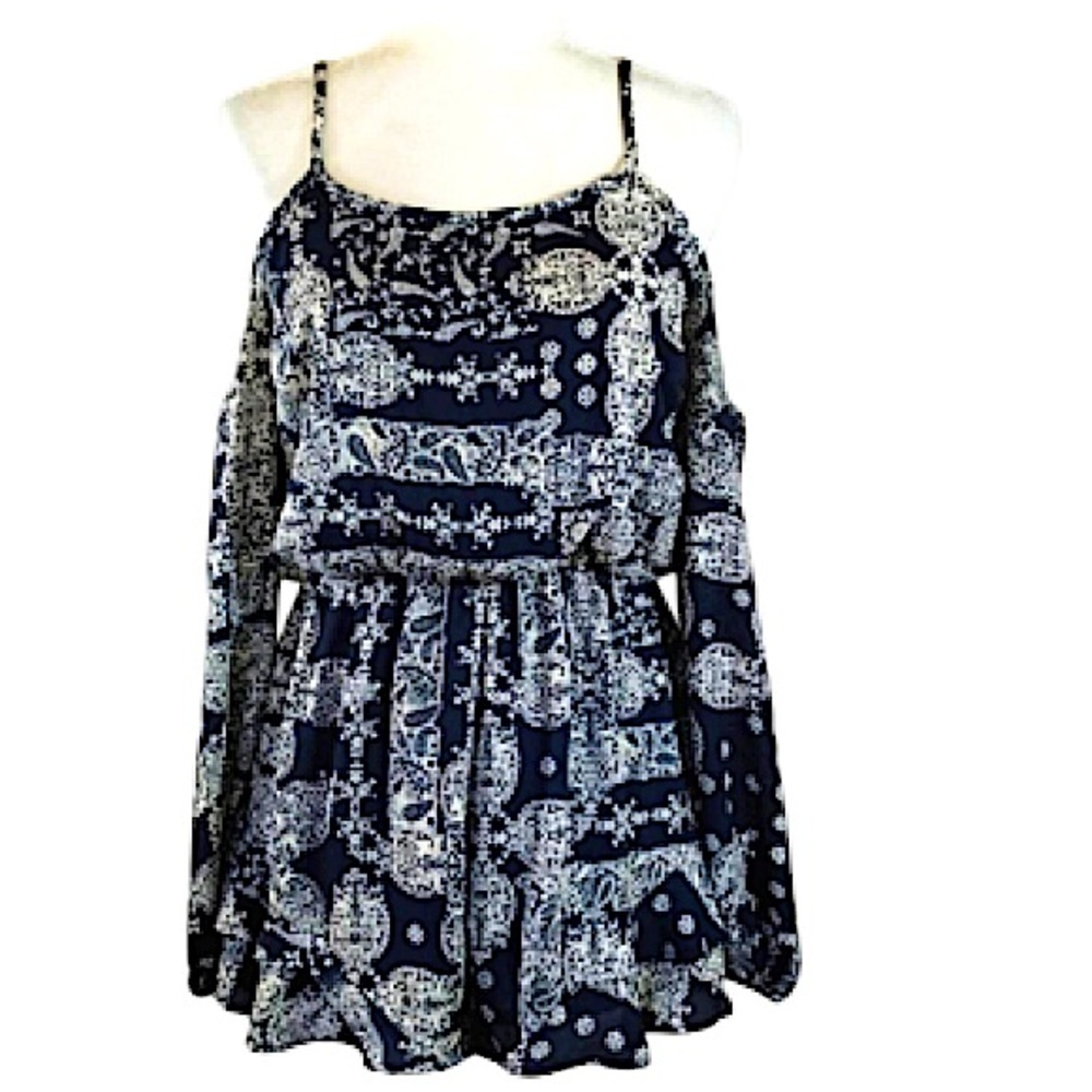 Altar’D State Blue and White Cold Shoulder Long Sleeves Spaghetti Straps Romper